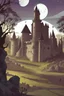 Placeholder: Illustrate a charming and whimsical haunted castle scene with stony walls, all surrounded by a moonlit sky