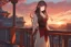 Placeholder: woman with long brown hair, red eyes, pale skin, highly detailed, intricate background, intricate face, standing on a balcony during sunset, contemplative, anime style, Genshin Impact inspired, dynamic composition, pyro vision bearer