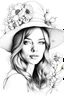 Placeholder: Draw a pencil sketch with white background of the face of abeautiful girl with hat on her head and having flowers all around