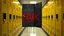 Placeholder: a photograph of a row of yellow school lockers in a hallway, but one of the lockers is juxtaposed as dented, black, with messy spraypaint graffiti red text "FLUX" with a slight drip of brackish water dripping below the door, concept art, hyperreal