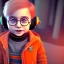 Placeholder: Harry Potter toddler, smile, cyberpunk headphone, sunglass, gangsta neckless, full body, orange puffer jacket, tokio background, dramatic lighting, hyper realistic, unreal engine 5, 16k