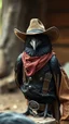 Placeholder: a crow wearing a cowboy uniform, realistic , pro photography , high quality, and cinematic scene