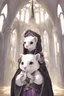 Placeholder: (anthropomorphic white ferret),dressed in ((cleric fantasy)) black clothes with silver holy ornaments, realistic anatomy, posing, cute face, fantasy inspire, church on background with warm sunshine lighty from behind, gloomy atmosphere purple armband, The holy icon style, RTX, praying pose, close eyes:2.5