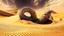 Placeholder: In the desert in the dunes a large sandworm full screen