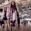 Placeholder: photo of a young beautiful fashion model wearing high fashion clothes posing and smiling on the dow jones trading floor with bankers busy working in the background, balenciaga, photorealistic, colourful, high contrast, dow jones, trading floor, fashion photography, high resolution, 8k, hard light, gen z, wide angle lens