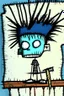 Placeholder: 2d drawing of a stickman, cool with punk hair, x eyes like in hangman, driving a porch, 3d realistic in colour