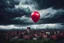 Placeholder: one red party balloon on sky, high realistic, storm, gloomy, surreal, little city, ruins, professional photo, cinematic, utopistic