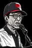 Placeholder: Ilustración vectorial de Gustavo Petro con gorra deportiva camisa, hablando con micrófono, colores negro, blanco y rojo, fondo negro