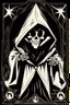 Placeholder: 1970s goofy character of a skull face character wearing a black hooded cloak, drawn in a early animation style, inside a lighter diamond shape on a black background, monochromatic