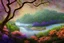 Placeholder: a beautiful scene of a forest in the distance with very purple trees and a shimmering blue river going down the forest the sky is an orangey pink, and lots of flowers on the river banks, very realistic details