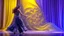 Placeholder: modern stage with gray-dark yellow blueish violet theme artistic decoration , color full dynamic lighting, a beautiful lady in maxi dress with shining silver jewels ,curvy long hair,dancing, 3D recursive fractal structure animating background