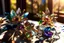 Placeholder: Coloured glass flowers set with gemstones, glittering metal stems and gemstone leaves on a room table sharp focus elegant extremely detailed intricate very attractive beautiful dynamic lighting fantastic view crisp quality exquisite detail in the sunshine gems and jewels