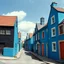 Placeholder: Fotografia di strada assurda e falsa orripilante blu weirdcore dai colori vivaci. Fantasy land. Yves Tanguy. Non luogo falso, inusuale. Max Ernst. Le case sono false e dipinte di nero chiaro con cose stilizzate e dettagli. Ci sono finestrelle false quadrate, che danno un senso distopico e molto surreale, disposte in modo casuale. L'atmosfera generale sembra noiosa e onirica, con un contrasto tra elementi reali ed elementi dipinti falsi, René Magritte, oddest things