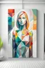 Placeholder: Create a handpainted geometric canvas painting which explores abstract representations of the human form with geometric shapes on a canvas mockup in a space