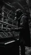 Placeholder: a person with a gas mask in an abandoned big massive factory, playing with a modular synth piano