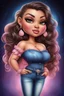 Placeholder: create an airbrush illustration of a chibi cartoon curvy polynesian female wearing Tight blue jeans and a light pink off the shoulder blouse. Prominent make up with long lashes and hazel eyes. She is wearing brown feather earrings. Highly detailed long black shiny wavy hair that's flowing to the side. Background of a night club.