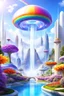 Placeholder: very beautiful, flowers, garden, cité futuriste ultra moderne, ufos rainbow, cascade colorée, dômes