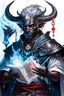 Placeholder: En Young male black skin tiefling fra dnd holding a book with Arcane Magic in a silver and White Rope. His horn a perfectly place on acet from the front to the back pointing upwards with glowing Red cat Eyes glowing Blue Arcane Magic around them ice crystals flowing around him