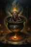 Placeholder: Living cauldron with shining sigil, slightly demonic alien imp gargoyle gremlin rat in it, prize winning oil painting