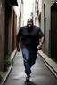 Placeholder: Tall big fat black man really away running down a alleyway