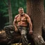 Placeholder: close up photography of an angry ugly 50 years old seated on a tree trunk in the wood, strong beefy muscular , big shoulders, manly chest, bulging hunter camouflage trouser , shirtless, hairy , golden hour, tatoo, 35mm lens, f/1.8, accent lighting, global illumination, frontal view from the ground