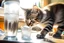 Placeholder: Cute tabby kitten sniffing ice water spilling from a thermos in a kitchen in the sunshine. Ice cubes and snowflakes.