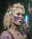 Placeholder: Ultra realistic photo, happy couple, blonde Alice woman and purple cat smoking a pipe + circus blue dress style + black headband with bow + old school body tattoo, smoke, marihuana garden, glow eyes, perfect iris, soft color, highly detailed, unreal engine 5, ray tracing, RTX, lumen lighting, ultra detail, volumetric lighting, high definition.