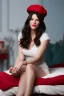 Placeholder: Liv Tyler is wearing a red hat, a flowery hat, and she's sitting in her own bed, in her own room.