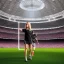 Placeholder: Jennifer Aniston in a referee jersey officiating for a soccer match at Wembley Stadium