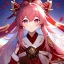 Placeholder: portrait of Yae Miko from genshin ((Yae_Miko)) ((Yae Miko ingame outfit)) Long fluffy pink hair purple eyes Miko