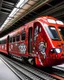 Placeholder: A light red fast train with flame decals painted by Jean Dubuffet