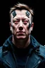 Placeholder: Portrait of Elon musk, scary cyborg face, metal plate checks and forehead, one red eye