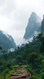 Placeholder: A trail between two mountains peaks in the Amazon side view , a lot of giant dinosaurs are marching. below is a huge wood top view , foggy, misty , adventures