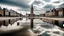 Placeholder: A picturesque old European town with a church steeple and traditional brick buildings reflected in a calm water harbor, with a cloudy sky in the background. The water surface becomes transparent, revealing a mysterious and surprising bottom