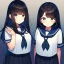 Placeholder: A asian female, around 17 years old, wearing a sailor uniform, blue eyes, long black hair