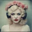 Placeholder: Grunge Polaroid head shot of doll-faced jean harlow, natural pouty lips, red nose, hair adorned with flowers, rosy cheeks and rosy nose, headphone