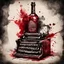 Placeholder: profound minimalistic artistic surreal cubism, dark red and black duotone, anthropomorphic sinister whiskey bottle typing on an old manual typewriter, fantastical, metaphoric, dramatic, watercolor with loose brush strokes