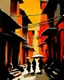 Placeholder: bustling medieval Kathmandu street, thick impasto painting, centered, minimalist, thick sparse brushstrokes, bold colors of orange, beige, yellow, red and black, sporadic tint ink leaks, perfect verticals, amazing parallel