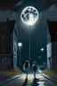 Placeholder: Painting of a boy and girl walking down a lonely street, with only one street light. Under a full moon and a starless cloudless night.