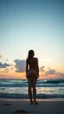 Placeholder: A beautiful naked girl standing on the beach sound looking to sunset clouds