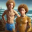 Placeholder: intricate, sharp focus, highly detailed, digital painting, Paul Lewin and Kehinde Wiley, full body image of a beautiful 12 year old boy with long, blonde curly hair and light blue eyes, smiling, shirtless, in front of an distant beach