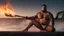 Placeholder: photography of a sicilian baywatcher burly sweat chubby 44 years old , swimwear, manly chest ,tattoo, curly hairs, long beard, sitting on a beach chairs at the beach at midnight , illuminated by bonfire, photorealistic, 8k, Canon EOS, 35mm lens, , unreal engine, greg rutkowski, loish, rhads, beeple, makoto shinkai and lois van baarle, ilya kuvshinov, rossdraws, tom bagshaw, alphonse mucha, global illumination, detailed and intricate environment