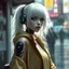 Placeholder: a cyberpunk woman in streetwear, elegant and ethereal, pale hair, secretly robotic, digital art