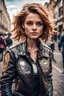 Placeholder: adorable Triumph girl with Café Racer jacket on her back and looking at camera, without helmet on the London street ,half body,complex, epic, bright, high quality art, beautiful face, intricate details,