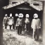 Placeholder: Creepy old photo, folk town strange masks