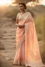 Placeholder: A floor-length silk sari with delicate hand-embroidered floral motifs along the border.Pastel shades with a gradient effect from top to bottom, mimicking the colors of a calm sunset.Blouse with intricate lace detailing, adding a touch of modernity to the traditional sari.