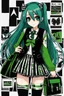 Placeholder: Full body image , punk-goth, schoolgirl chic, Blue Streaks, one cute bag ((hair color is combination of black and white hair)), long hair, straight hair, green skin, big eyesplaid skirt, stripe blouse, Checkerboard Bow, Stitched Jacket, Black Vest, Knee-High Socks, Bolt Necklace, Bolt Earrings, Stitched Dress, Platform Heels, mary jane shoes, Green Skin, Neck Bolts, Pet Watzit, Torn Tights, Electric Personality, sophisticated,, beautiful woman, ((background: school,,)) hyper realistic,