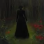 Placeholder: Night, one woman in black dress from behind, forest, red flowers, vegetations, creepy, gloomy, lgothic dark influence, oscar bjorck paintings, and carl bloch paintings