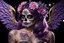 Placeholder: beautifull girl sugarskull,whit tattoo, pretty eyes, big wings, photography, volumetric lighting, ultra-detailed photography, black background, Perfect anatomy, super high resolution + UHD + HDR + highly detailed, hyperrealistic, dynamic lighting, purple, gold, PINK colors, STARS BACK AND MOON, FLOWERS PURPLE ARROUND