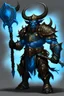 Placeholder: Bevo, the Texas Longhorn as a minotaur wearing black plate armor, trimmed in shiny blue, holding a mace crackling with thunderous energy